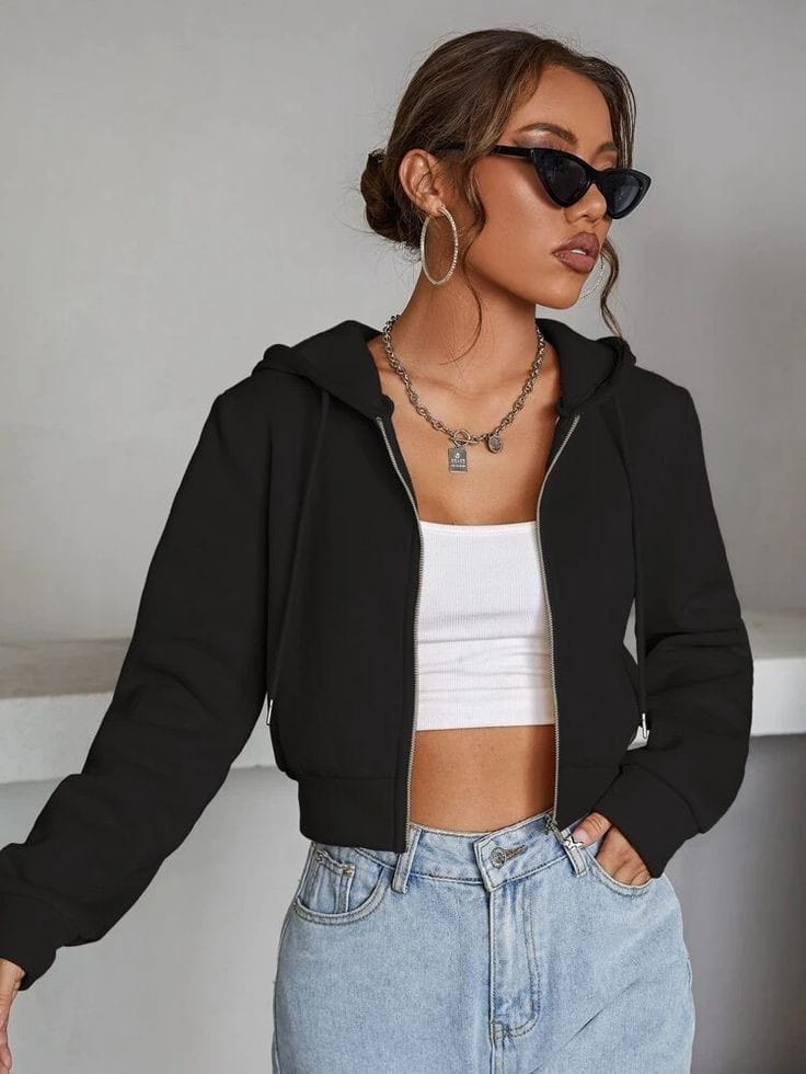 Black Cropped zipper plain