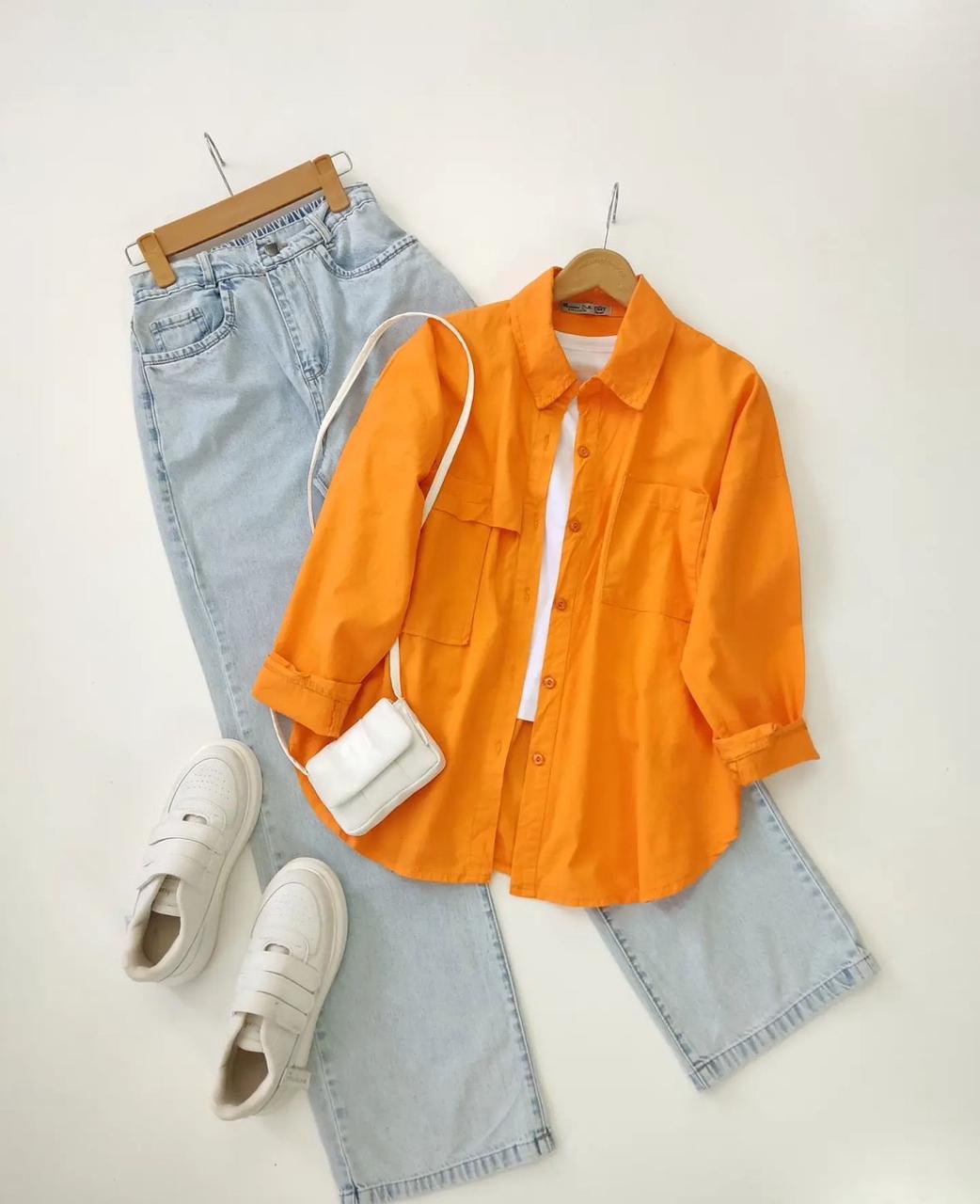 mustard Button down shirt with iceblue wideleg jeans