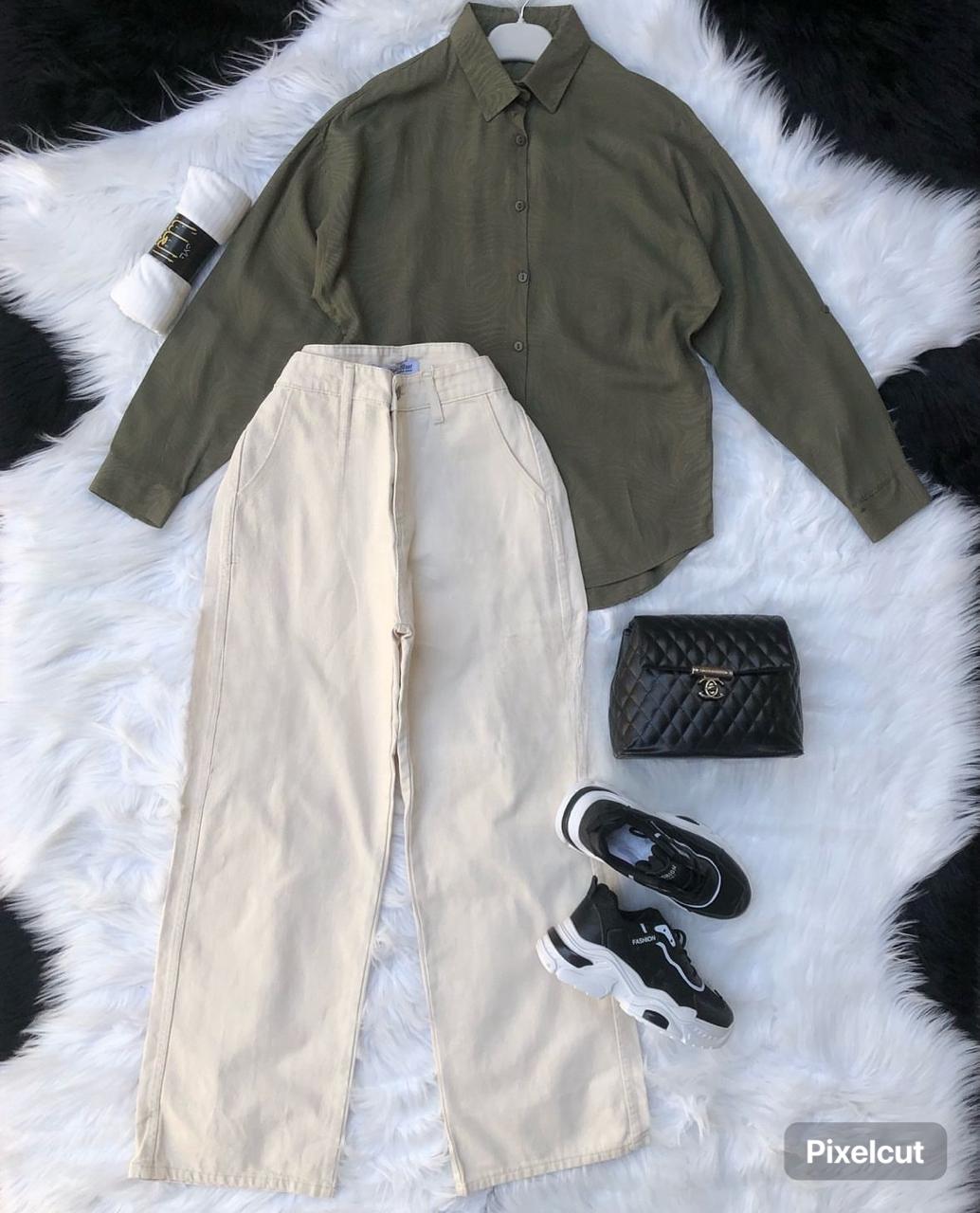 olive green Button down shirt with Skin wideleg jeans with inner