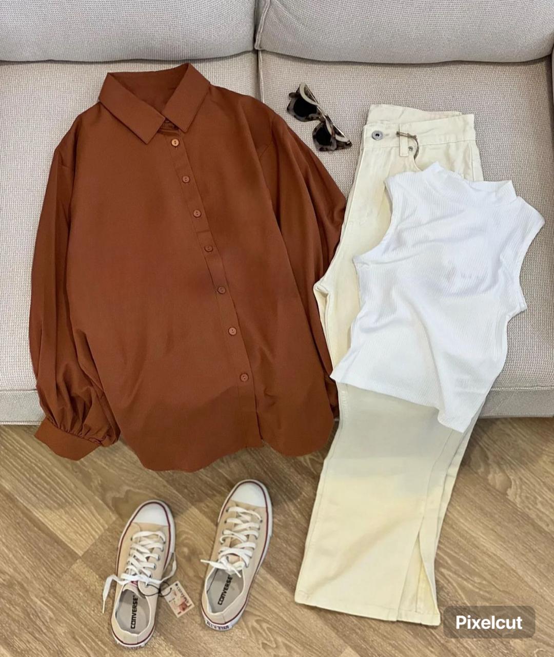 brown Button down shirt with beige wideleg jeans