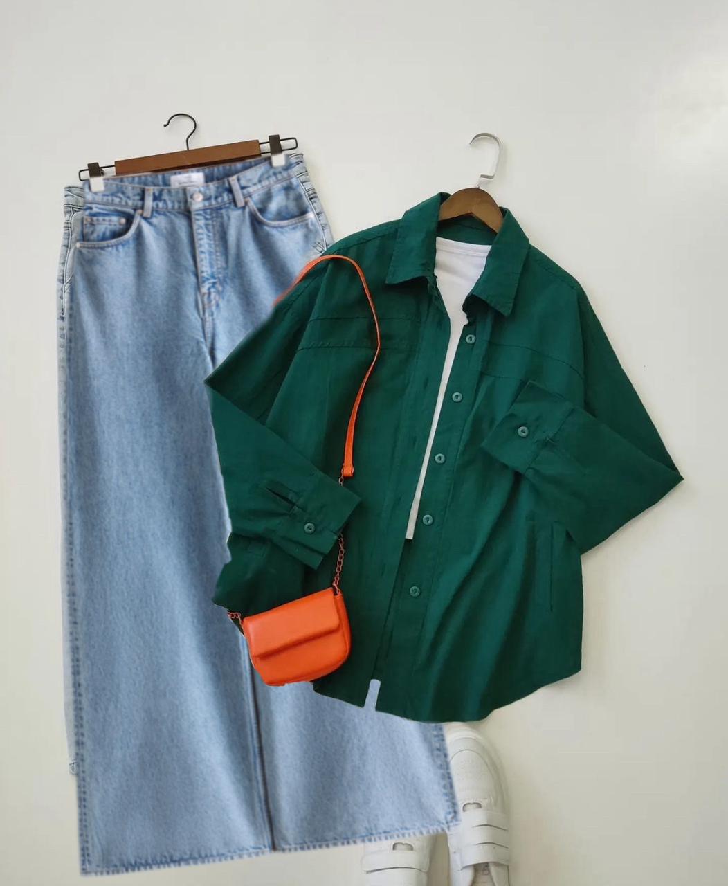 bottle green Button down shirt with iceblue wideleg jeans