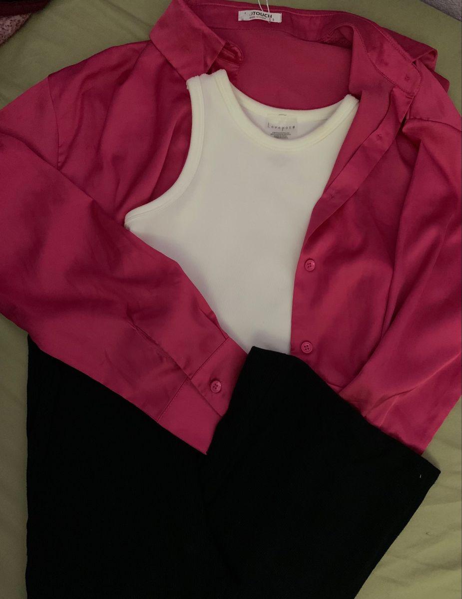 dark pink Button down shirt with black wideleg jeans