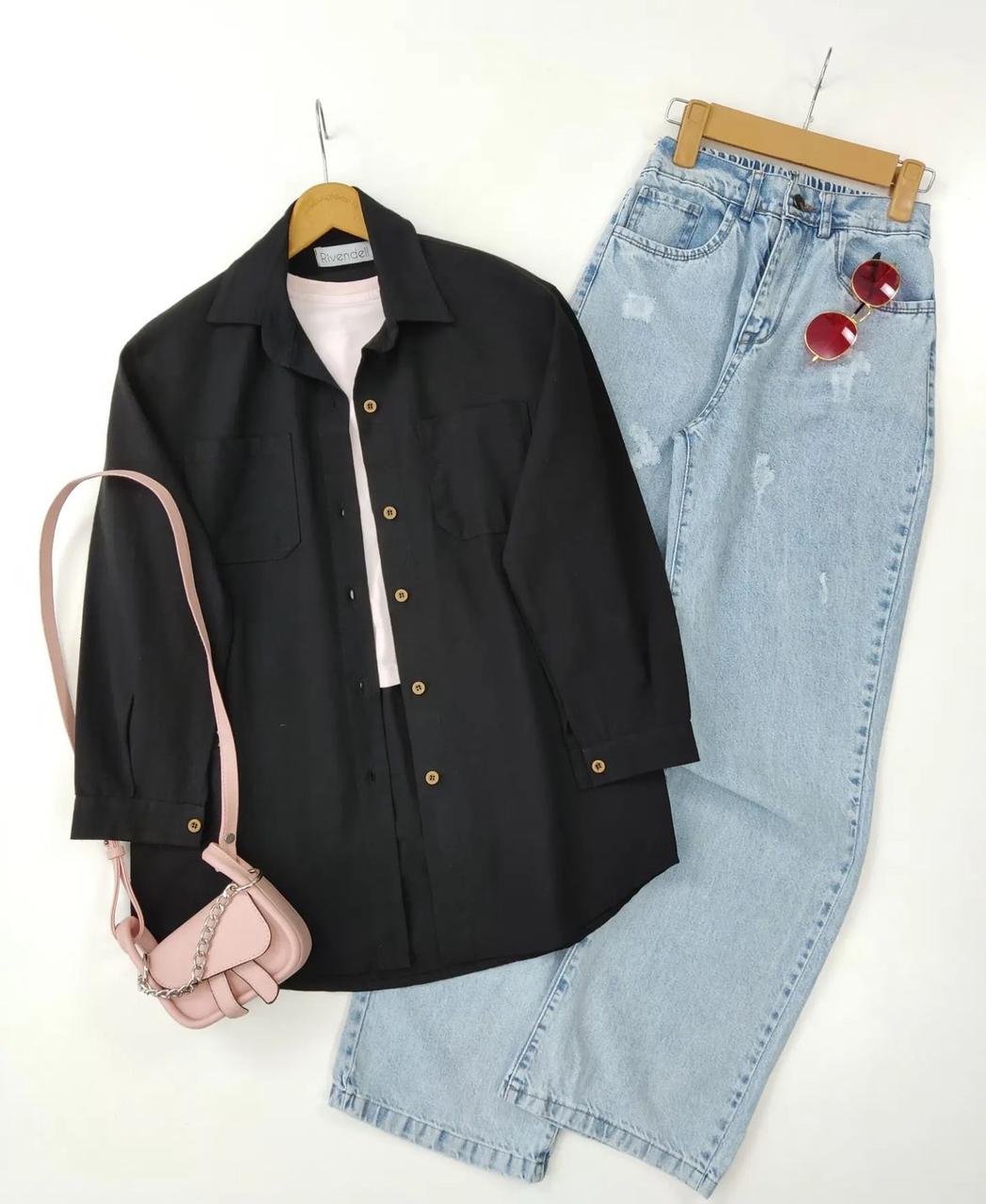 black button down shirt with iceblue wideleg jeans