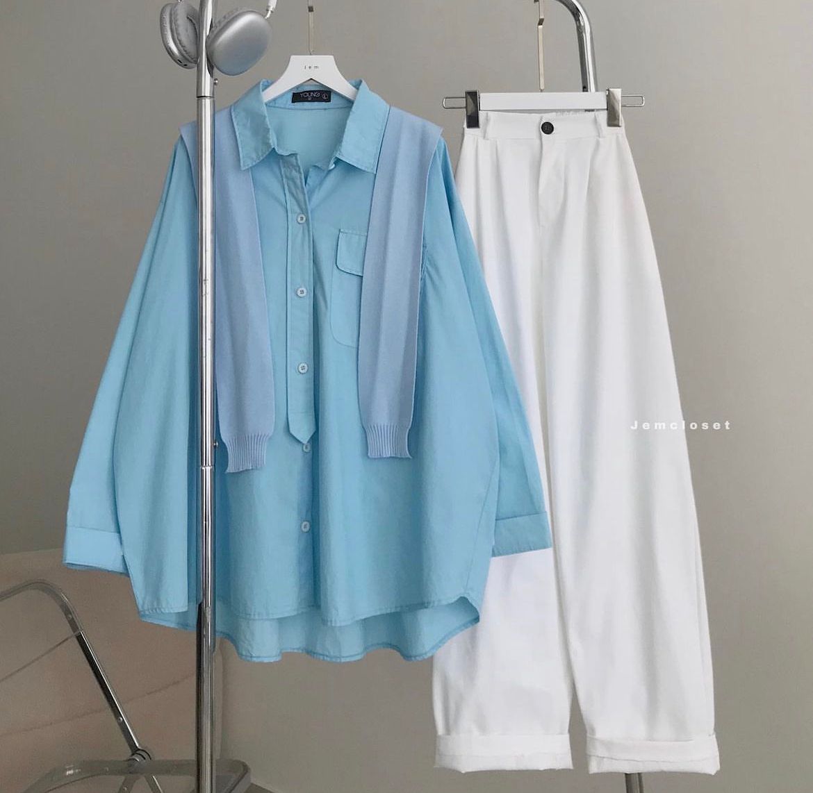 sky blue Button down shirt with beige wideleg jeans