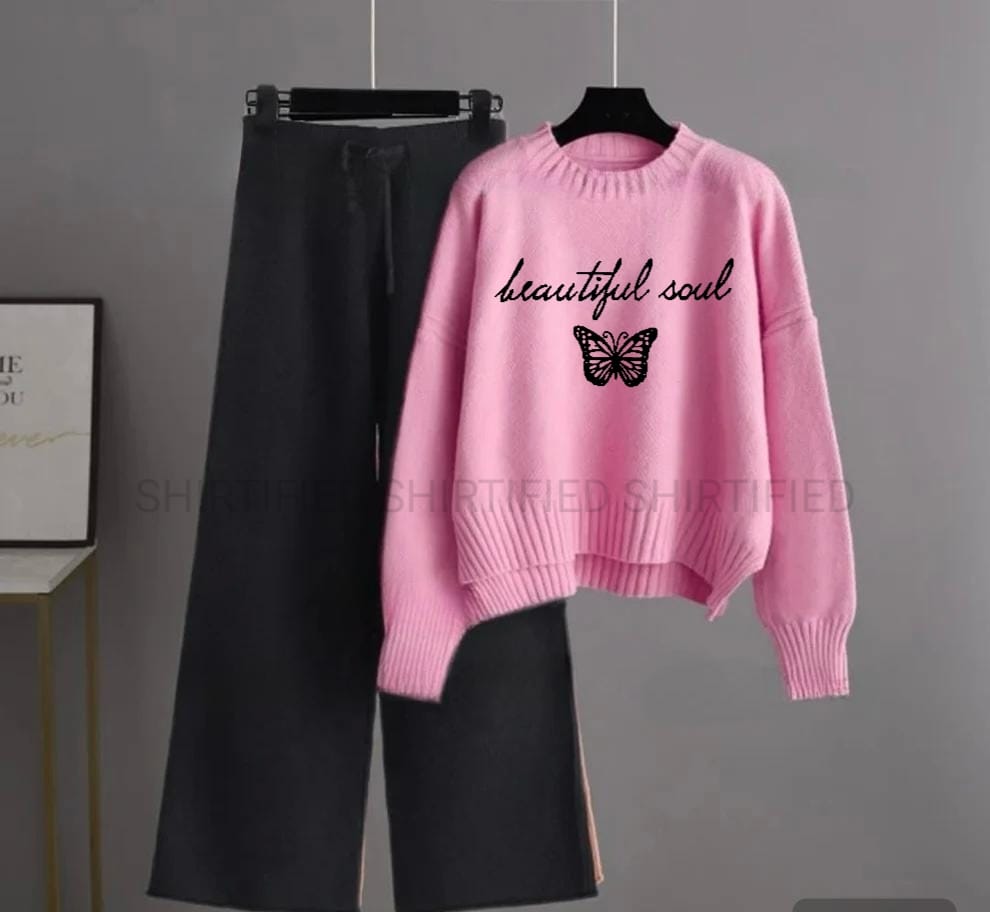 black flapper plain with pink sweatshirt beautiful soul with black butterfly