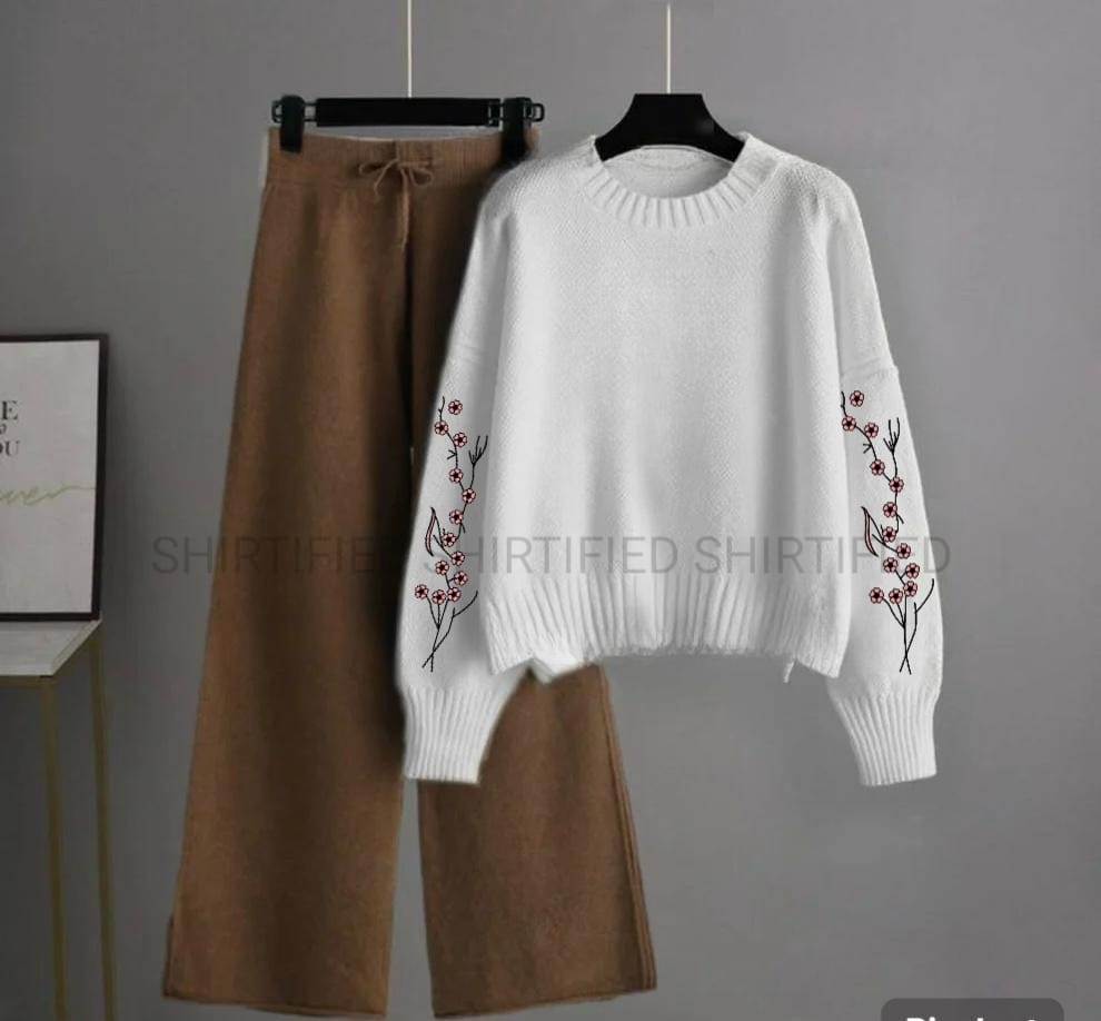 white sweatshirt roses on arms with brown flapper plain