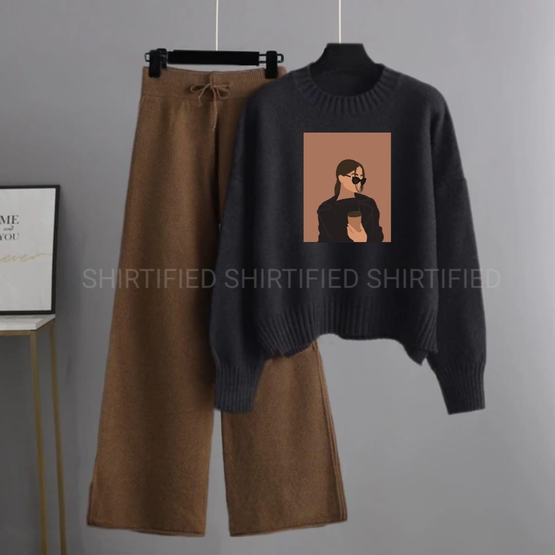 black coffee girl sweatshirt with brown flapper