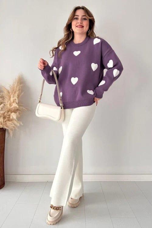white flapper plain with dark purple sweatshirt (all over white hearts)