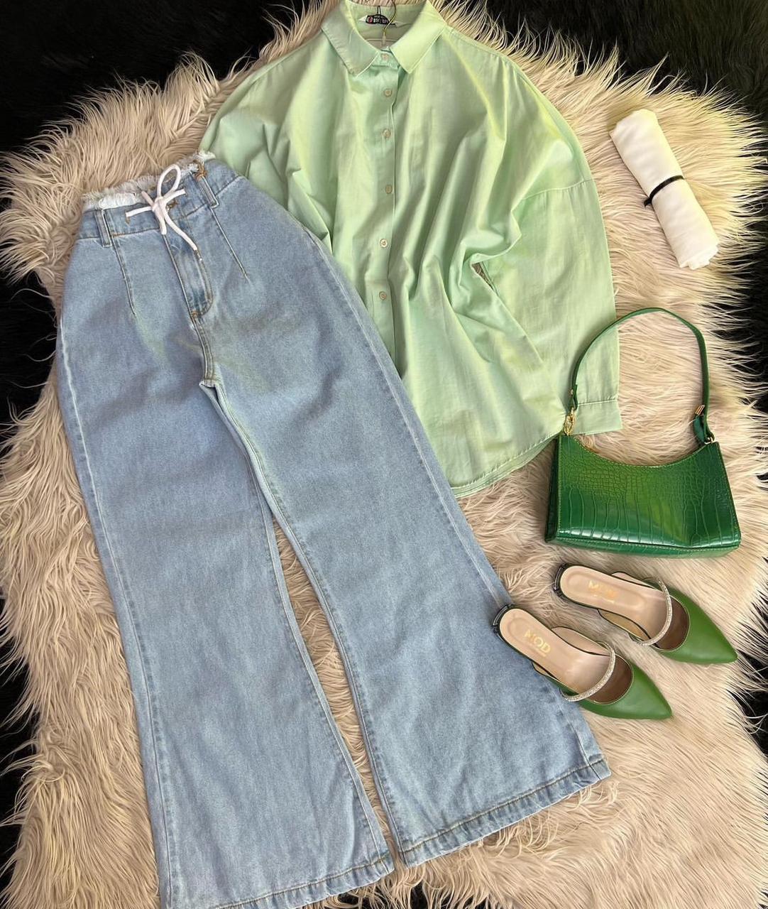 light green Button down shirt with iceblue bell bottom jeans