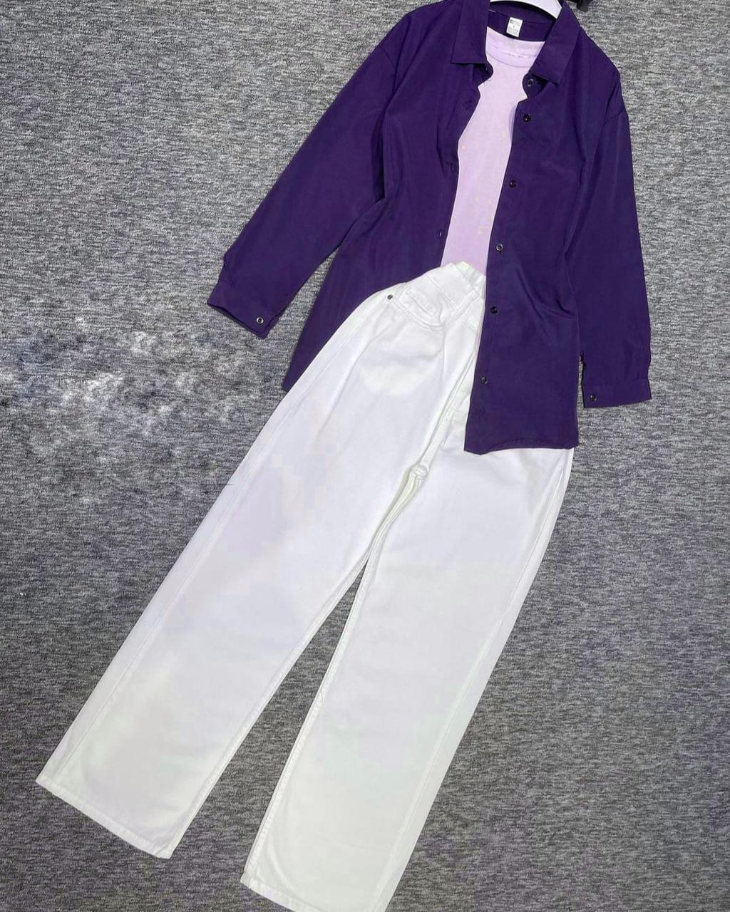 purple or lilac Button down shirt with white or black wideleg jeans with inner