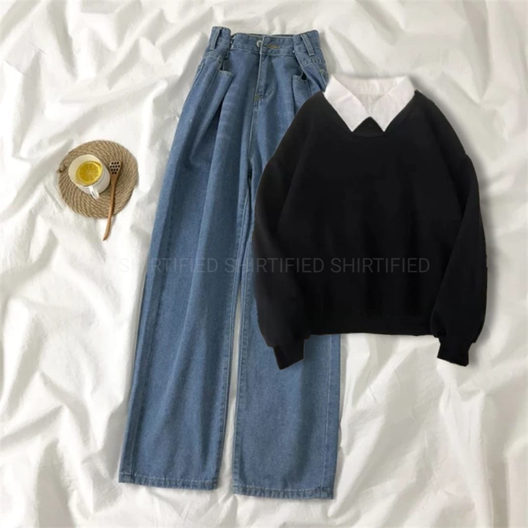 black Collared Sweatshirt w midblue wideleg Jeans