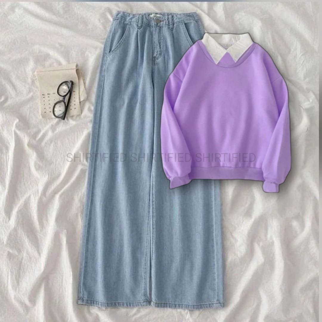 Lilac Collared Sweatshirt w ice blue wideled Jeans