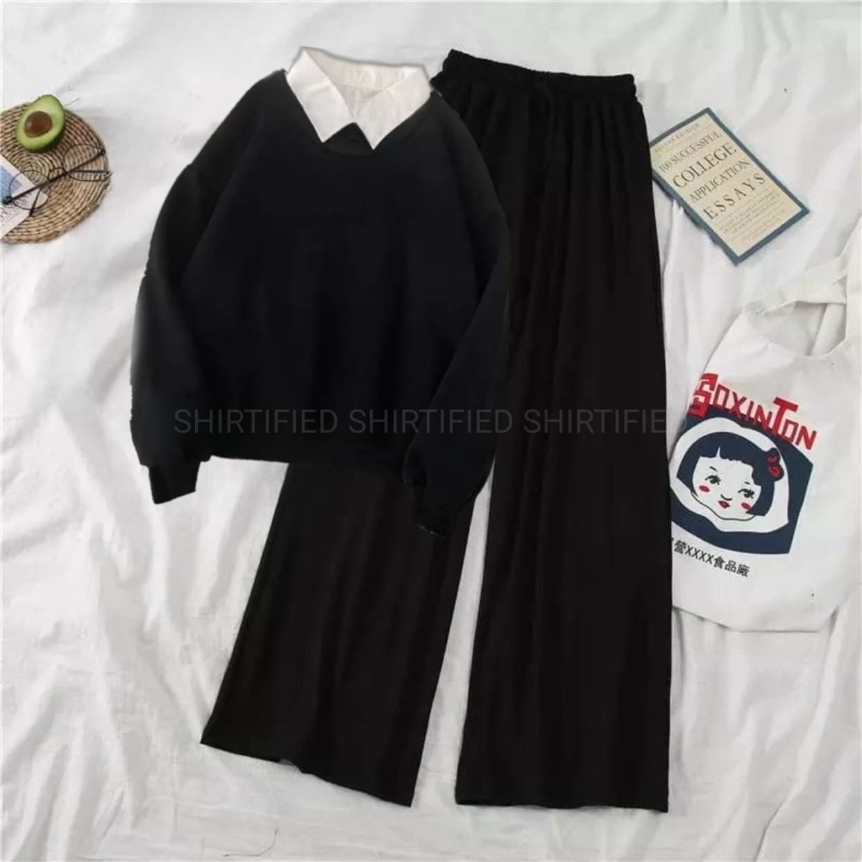black Collared Sweatshirt w black flapper Trousers