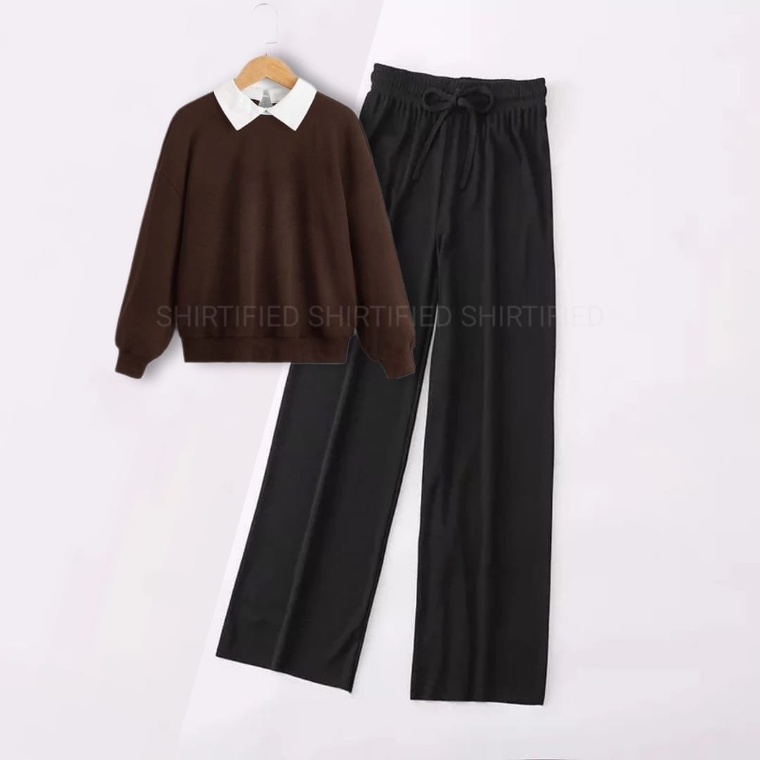dark brown Collared Sweatshirt w black flapper Trousers