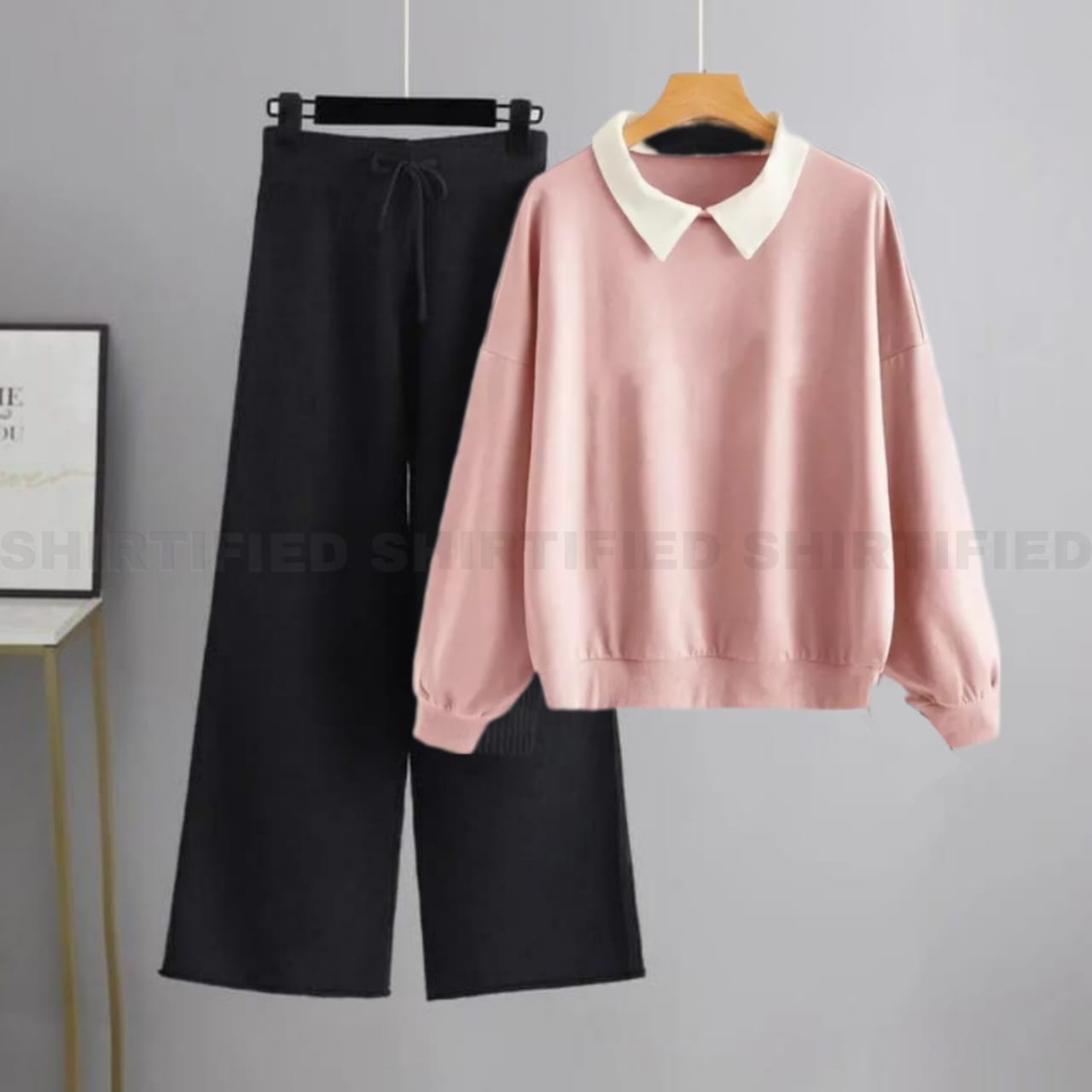 pink Collared Sweatshirt w black flapper Trousers