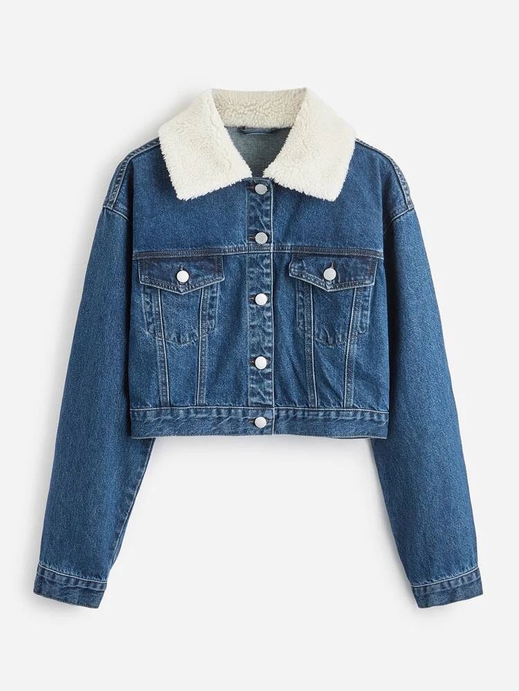 Dark Blue Fur Collared Denim Jacket