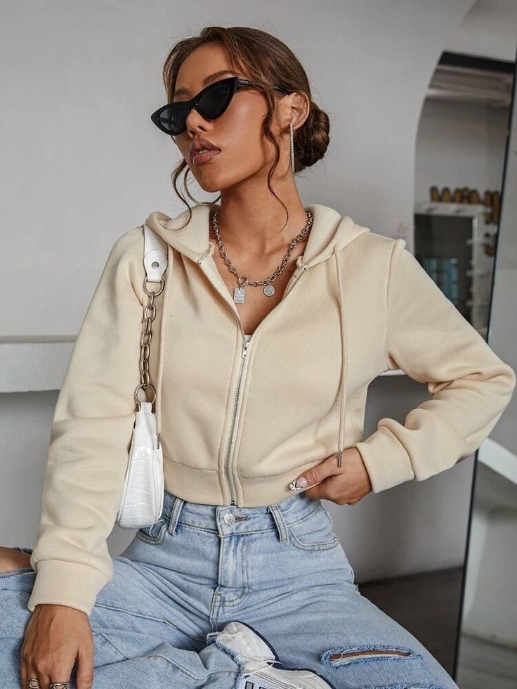 Beige Cropped Hoodie