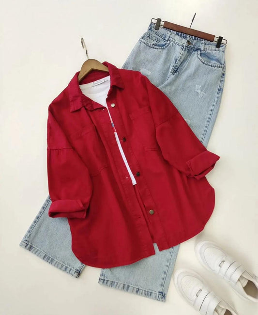 Maroon Button down shirt with iceblue wideleg jeans with inner