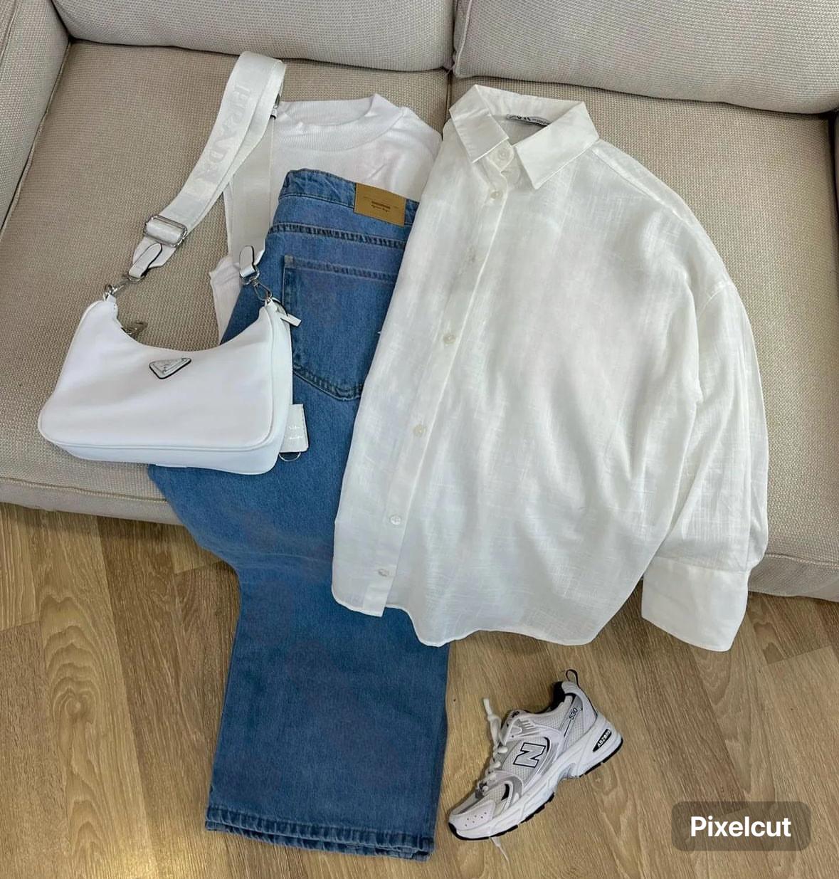 white Button down shirt with black or iceblue wideleg jeans