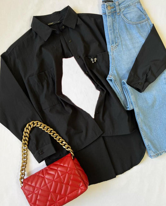 black Button down shirt with iceblue wideleg jeans with inner