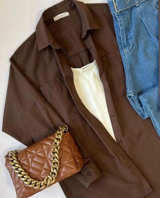 brown Button down shirt with beige wideleg jeans with inner