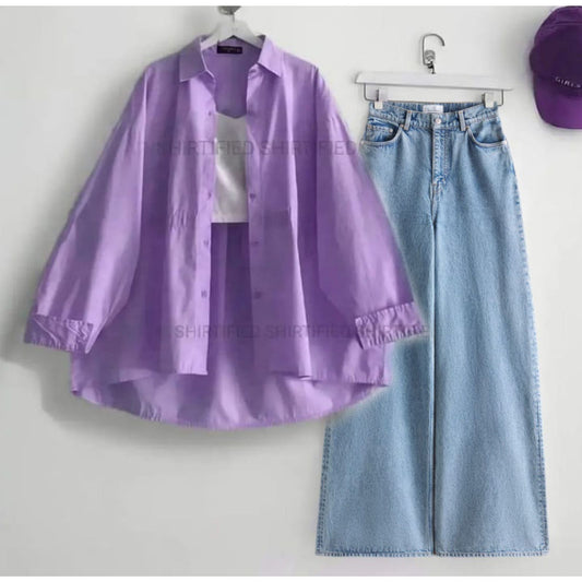 Lilac Button down shirt with iceblue wideleg jeans