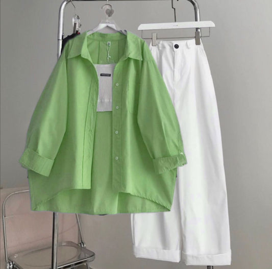 Parrot green button down shirt with white wideleg jeans