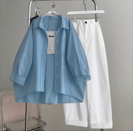 skyblue Button down shirt with white wideleg jeans