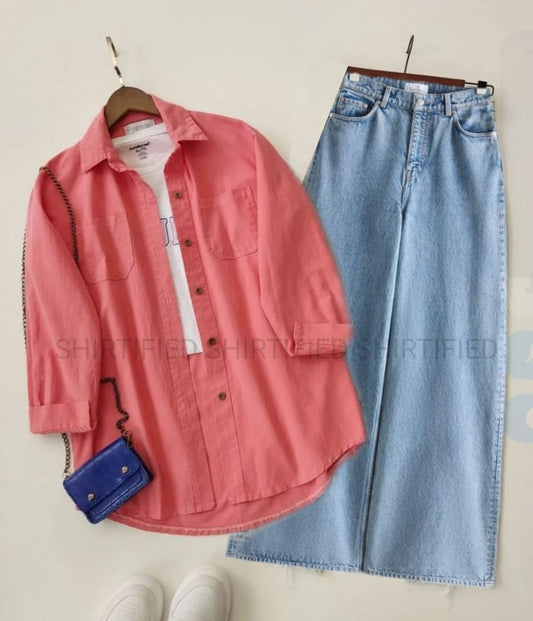 Peach button down shirt with iceblue wideleg jeans