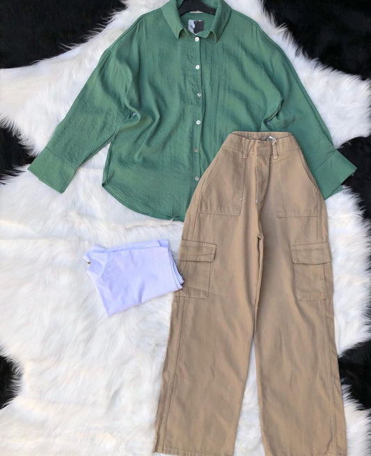 beige wideleg cargo (cotton) pants with sea-green button down shirt