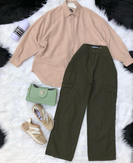 green wideleg cargo (cotton) pants with beige button down shirt