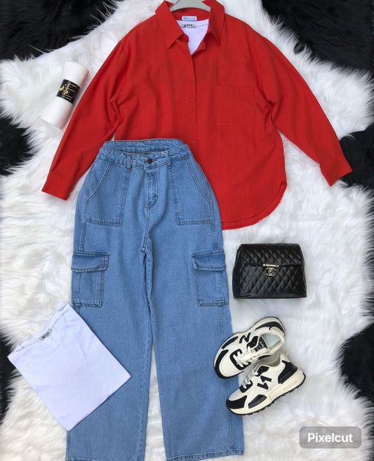 iceblue wideleg cargo (denim) pants with red button down shirt