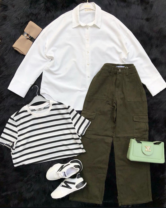 olive green wideleg cargo pants with white button down shirt