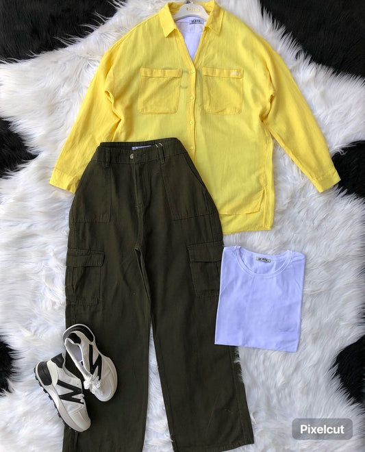 olive green wideleg cargo pants with yellow button down shirt