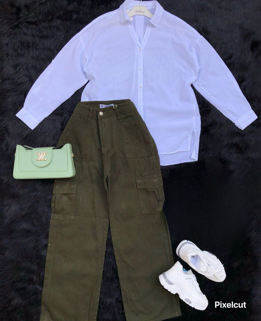 olive green wideleg cargo pants with white button down shirt