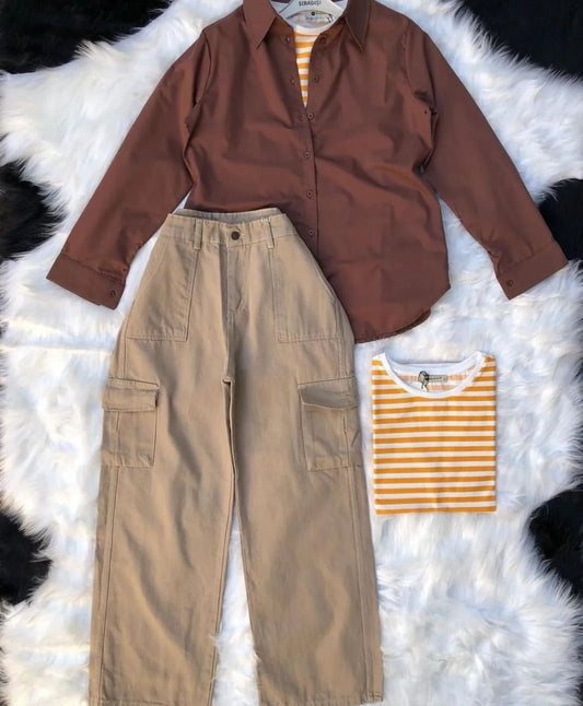 dark beoge wideleg cargo pants with brown button down shirt