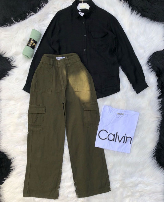 olive green wideleg cargo pants with black button down shirt