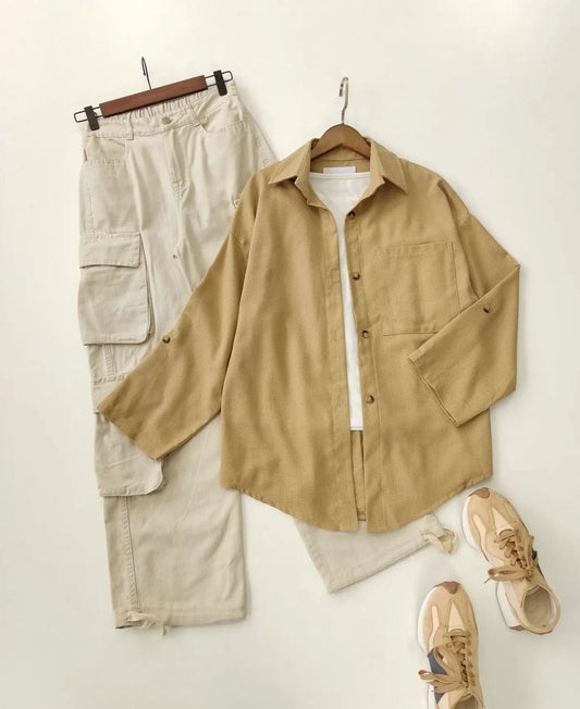 skin wideleg cargo pants with beige button down shirt