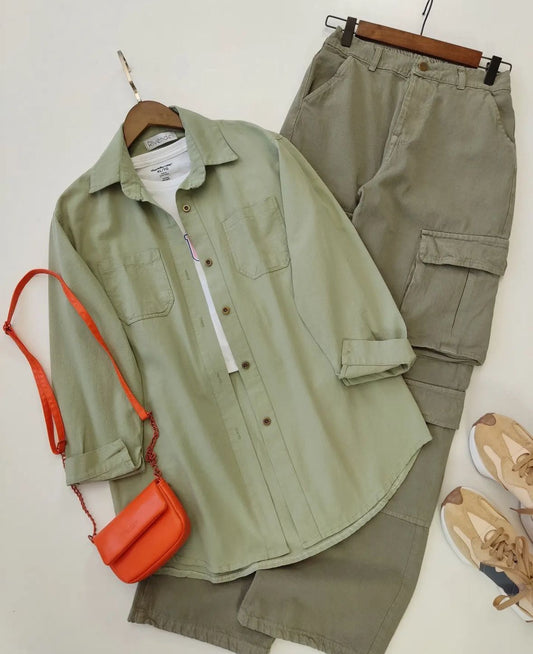 olive green wideleg cargo pants with light green button down shirt