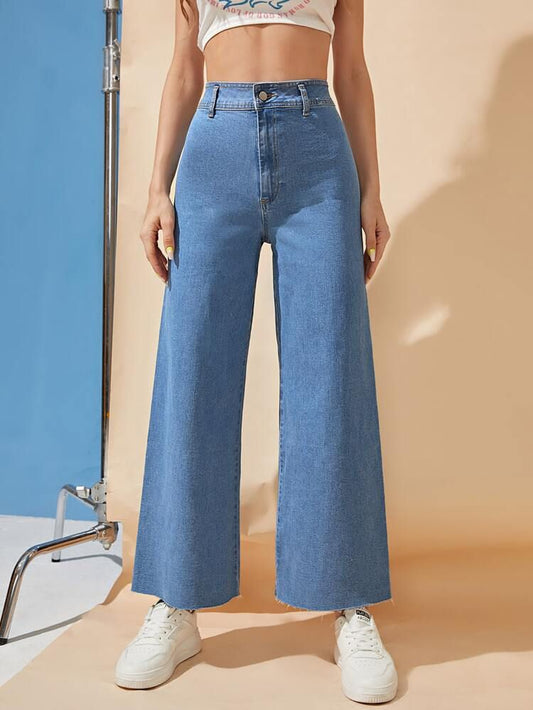 midblue cropped length wide leg jeans