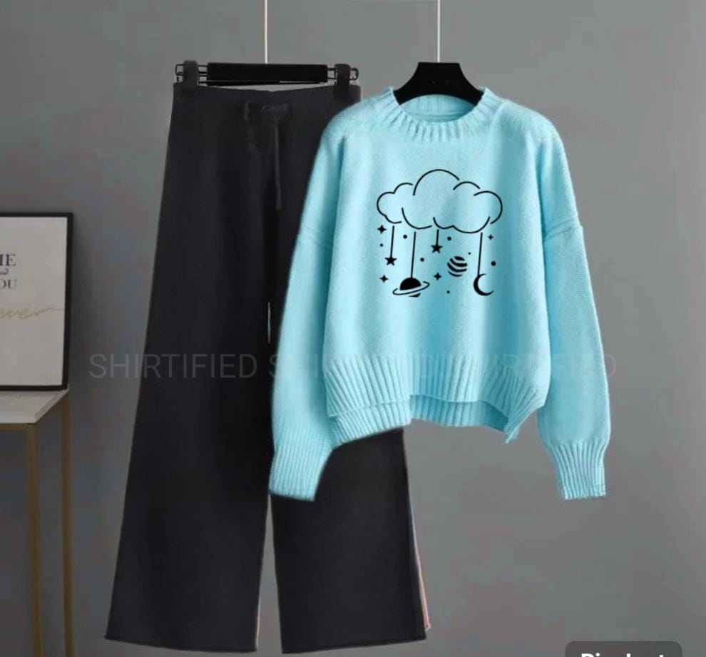 black flapper plain with skyblue sweatshirt saturn cloudes print