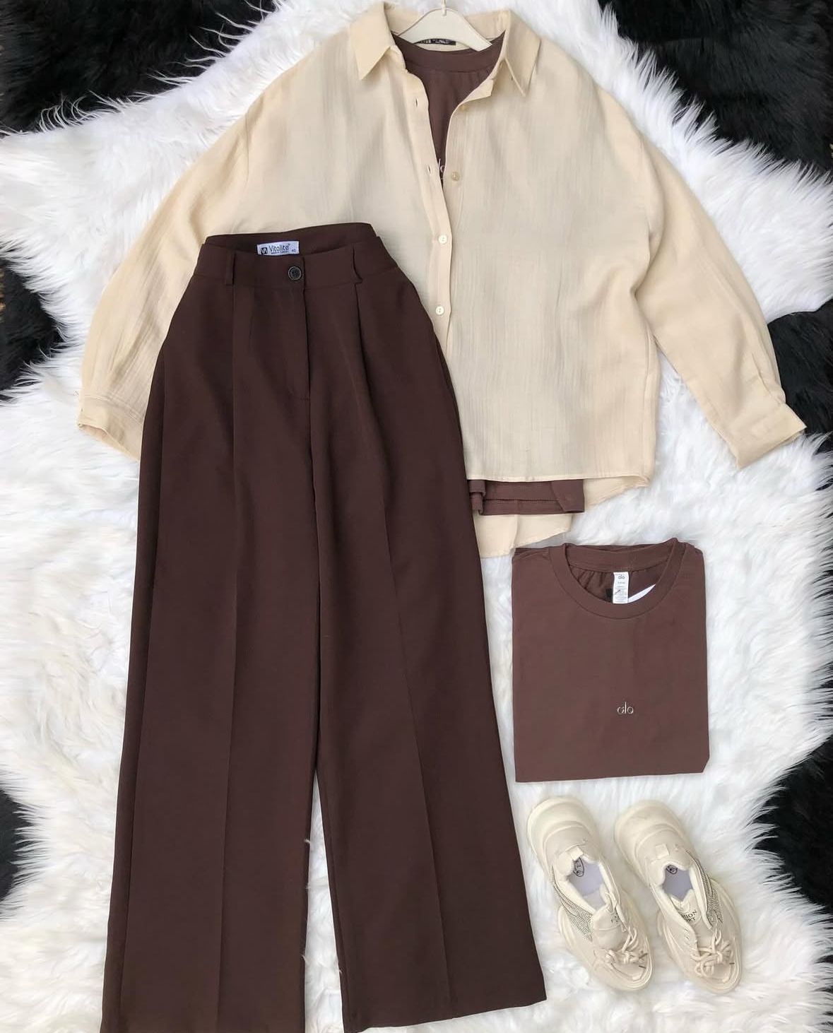 brown formal pants with beige button down shirt