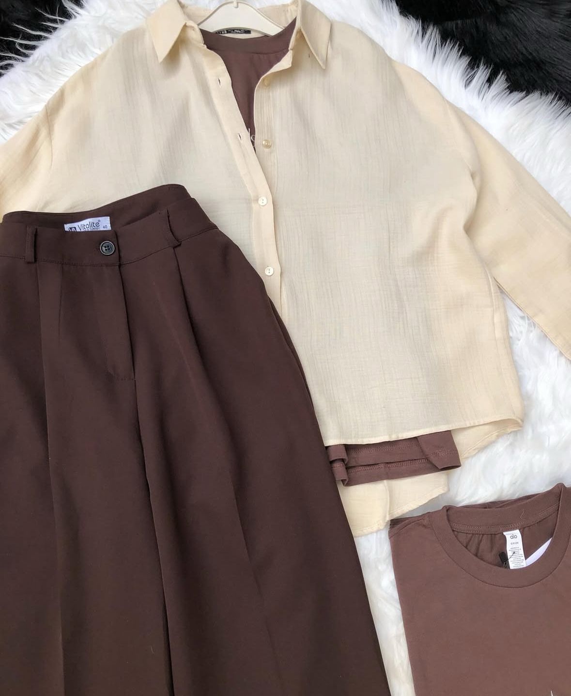 brown formal pants with beige button down shirt