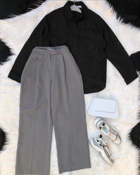 grey formal pants with black button down shirt