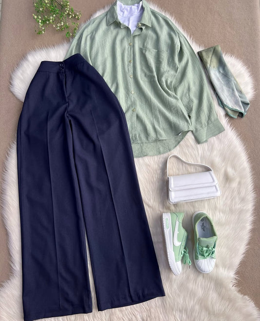 navyblue formal pants with sea-green button down shirt