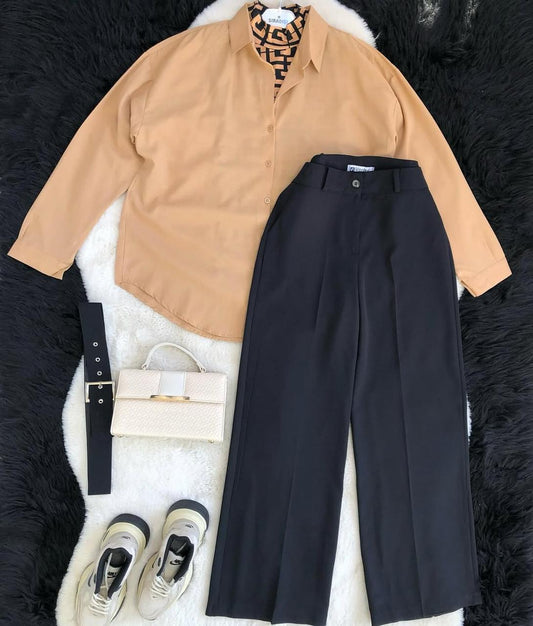 black formal pants with beige button down shirt