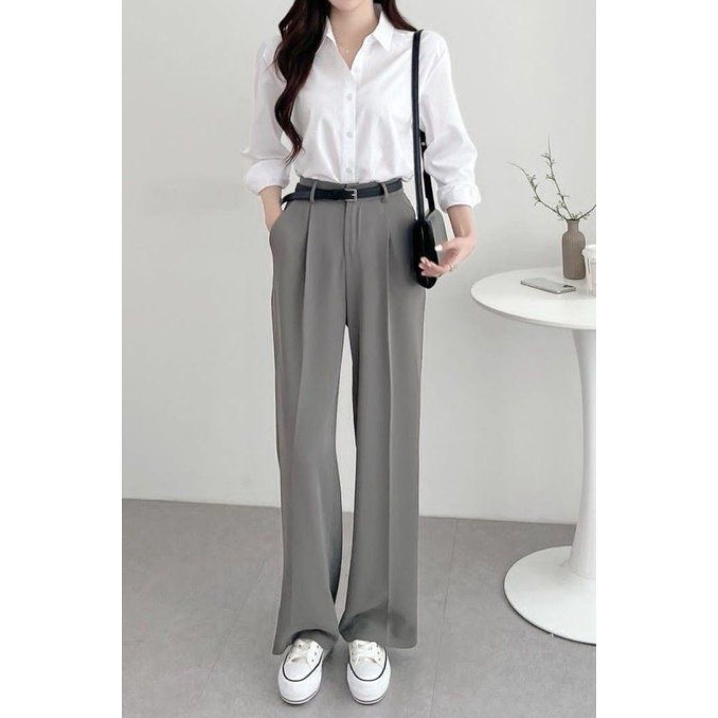 light grey formal pants with white button down shirt