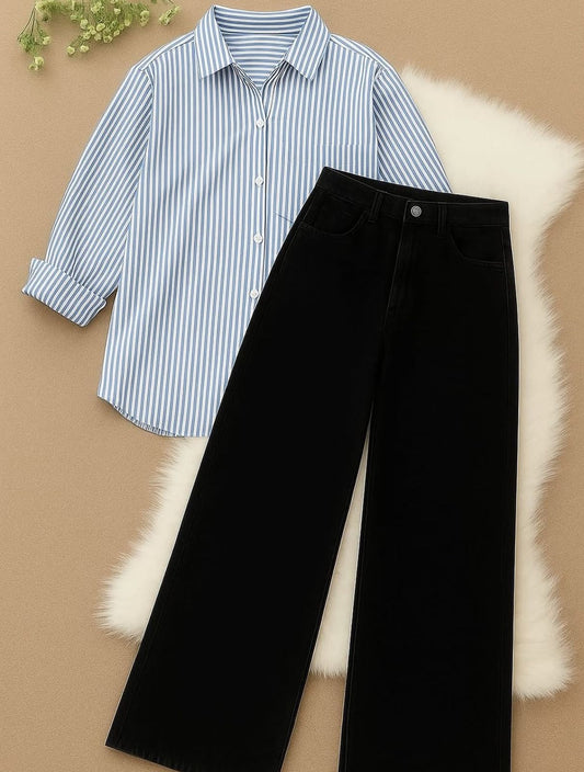 Trendy Striped Shirt button down shirt with flapper trouser