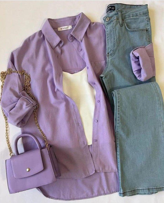 lilac Button down shirt with iceblue wideleg jeans