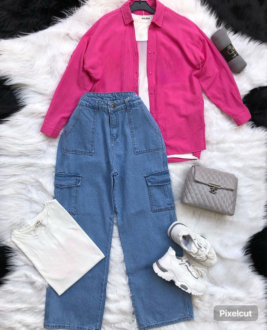 iceblue wideleg cargo (denim) pants with pink button down shirt